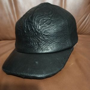 VTG Harley Davidson Women's Men's Black Pebbled Leather Baseball Style Cap Hat